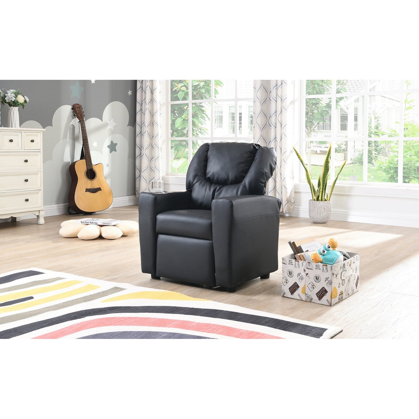 Fauteuil inclinable pour enfant en PVC noir, durable, avec porte-gobelet, design ergonomique, assemblage facile, capacité de 150 lb