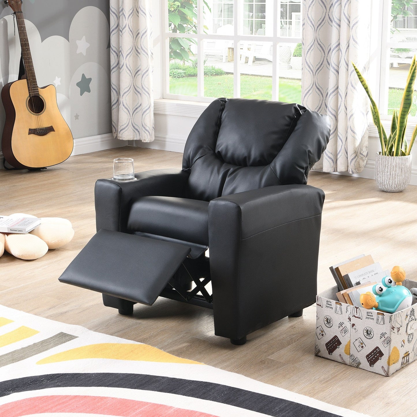 Fauteuil inclinable pour enfant en PVC noir, durable, avec porte-gobelet, design ergonomique, assemblage facile, capacité de 150 lb