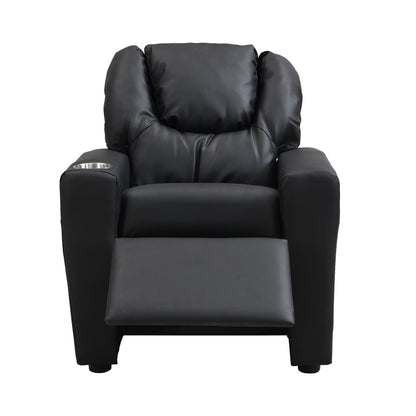 Fauteuil inclinable pour enfant en PVC noir, durable, avec porte-gobelet, design ergonomique, assemblage facile, capacité de 150 lb