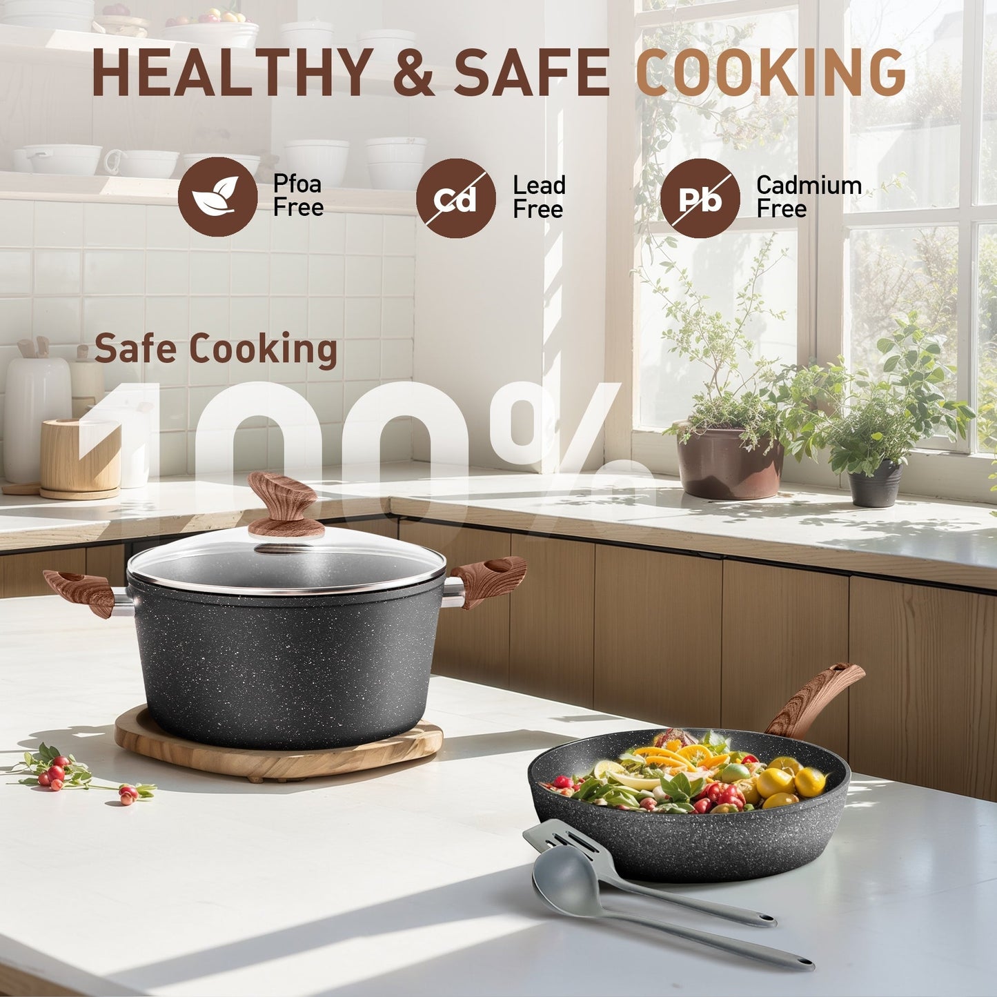 Batterie de cuisine antiadhésive, ensemble de 12 casseroles et poêles en granit