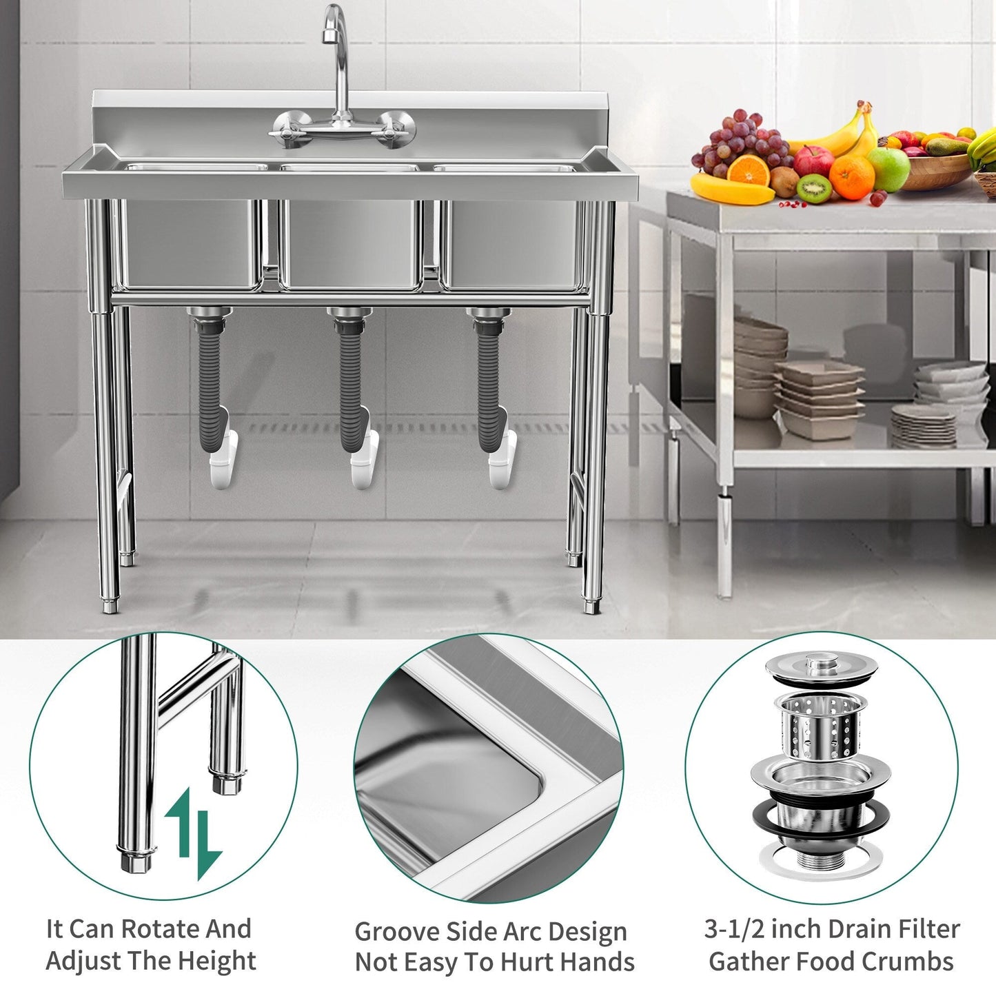 Évier de cuisine à cuve compartimentée en acier inoxydable, évier commercial autoportant