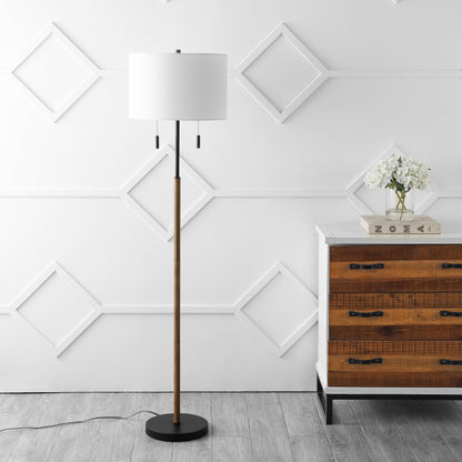 Lampadaire LED Koda 61 rustique en fer avec chandelier et chaînes de traction, finition bois marron/noir par JONATHAN Y