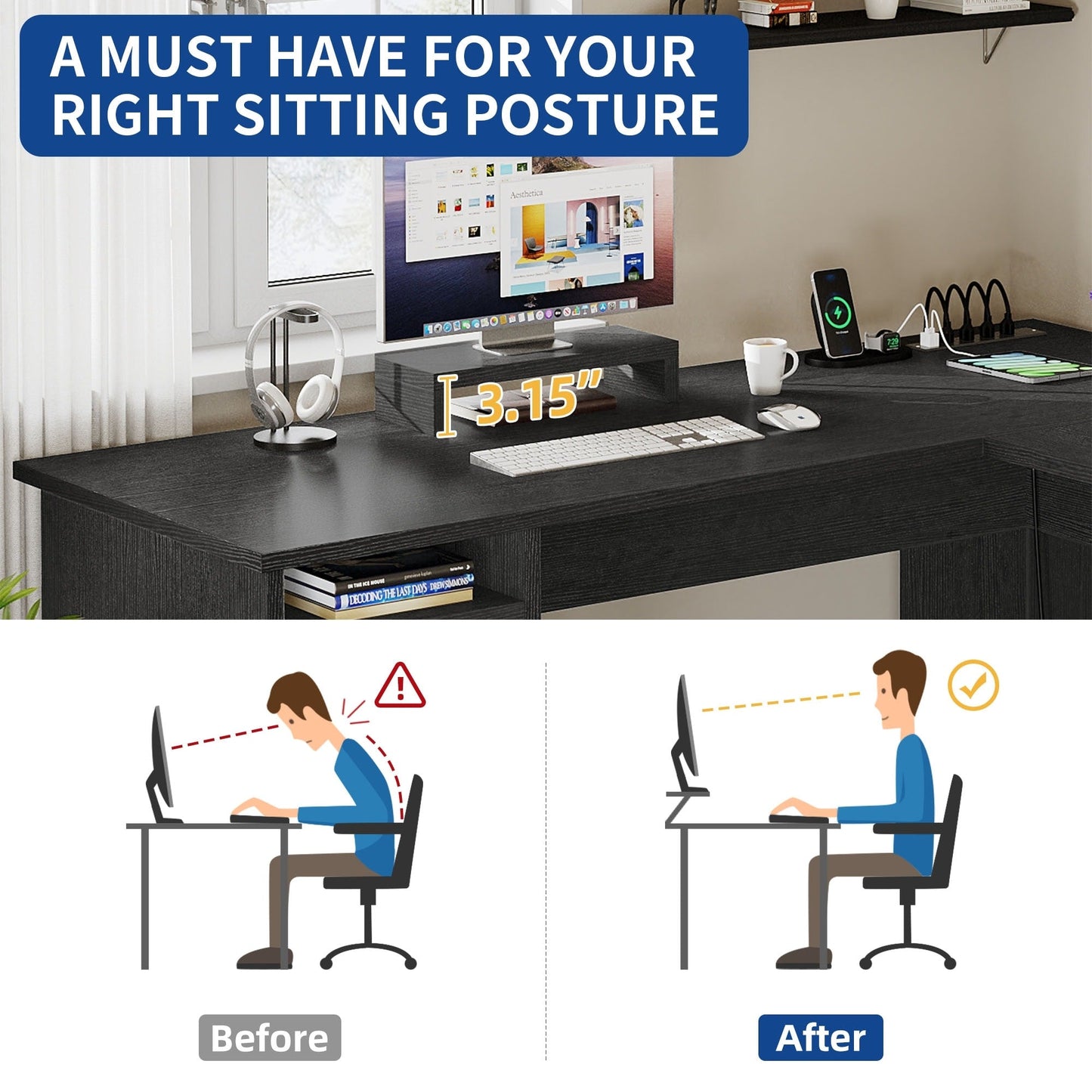 Bureau de jeu en L Moasis de 59 pouces avec support pour écran