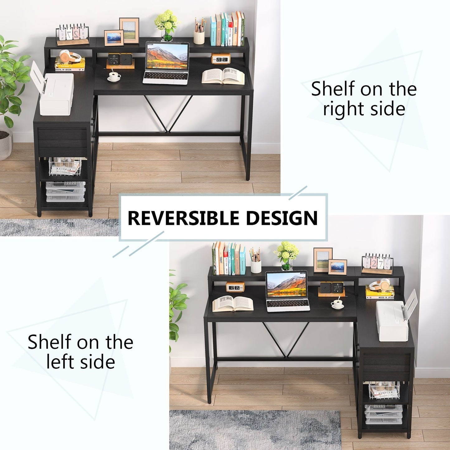 Bureau en L avec tiroir, bureau d'angle avec étagères de rangement et support d'écran, bureau PC rustique pour petit espace