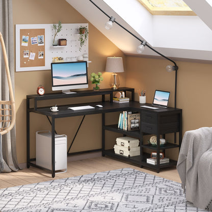 Bureau en L avec tiroir, bureau d'angle avec étagères de rangement et support d'écran, bureau PC rustique pour petit espace