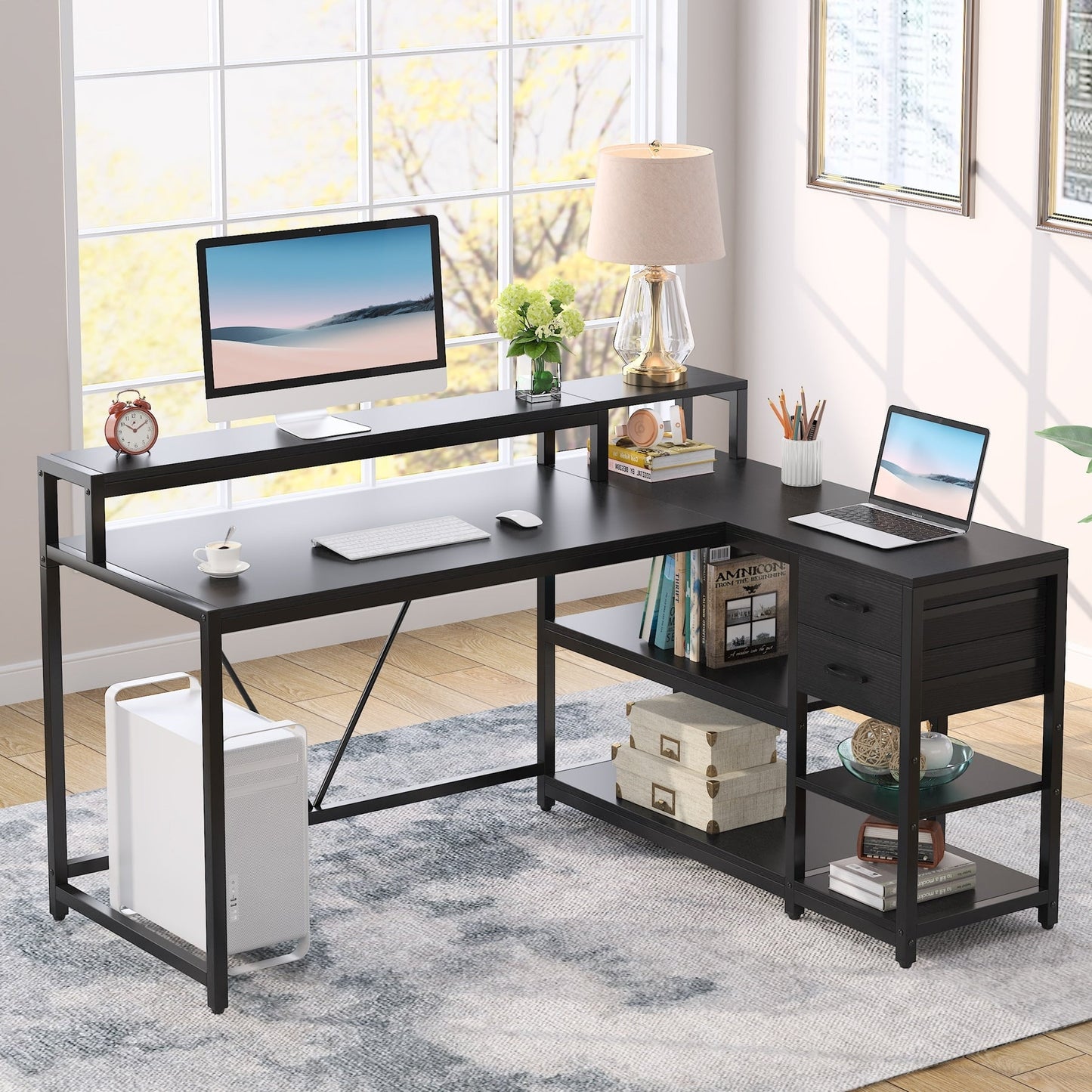 Bureau en L avec tiroir, bureau d'angle avec étagères de rangement et support d'écran, bureau PC rustique pour petit espace