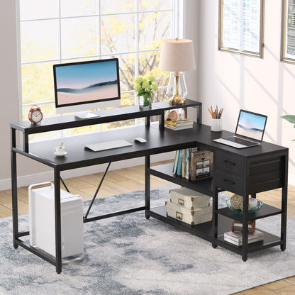 Bureau en L avec tiroir, bureau d'angle avec étagères de rangement et support d'écran, bureau PC rustique pour petit espace
