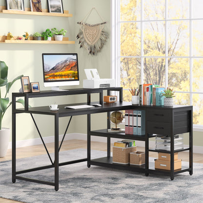 Bureau en L avec tiroir, bureau d'angle avec étagères de rangement et support d'écran, bureau PC rustique pour petit espace