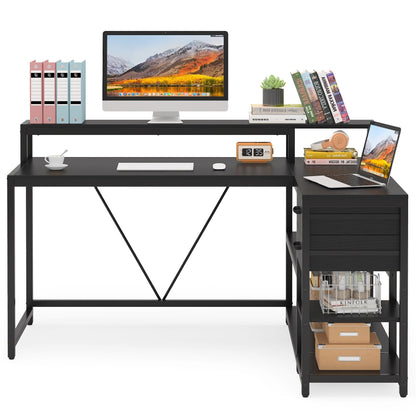 Bureau en L avec tiroir, bureau d'angle avec étagères de rangement et support d'écran, bureau PC rustique pour petit espace