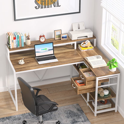 Bureau en L avec tiroir, bureau d'angle avec étagères de rangement et support d'écran, bureau PC rustique pour petit espace