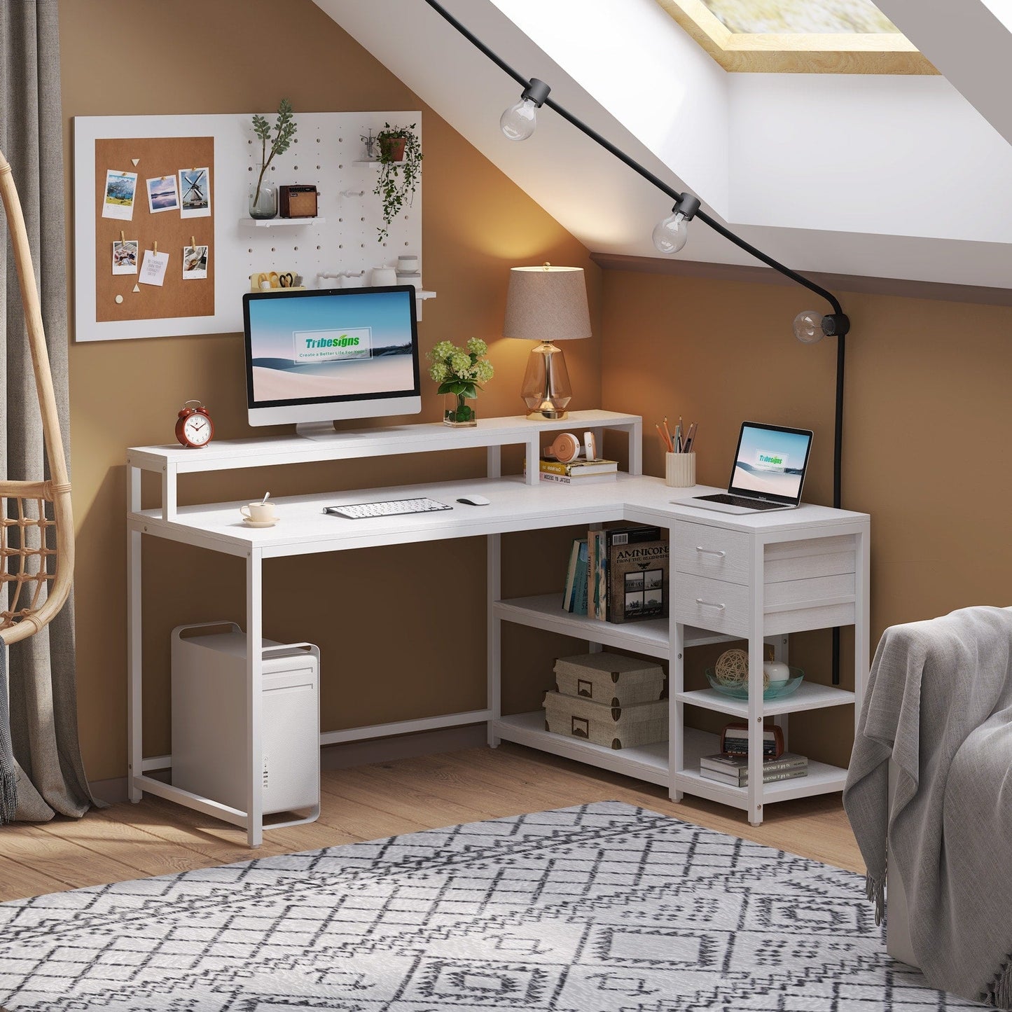 Bureau en L avec tiroir, bureau d'angle avec étagères de rangement et support d'écran, bureau PC rustique pour petit espace