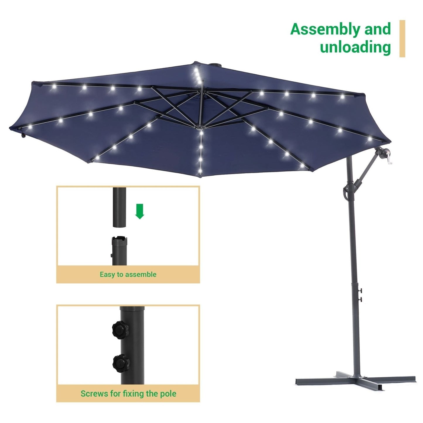 Parasol de terrasse déporté à LED LIVOOSUN de 10 pieds avec base croisée