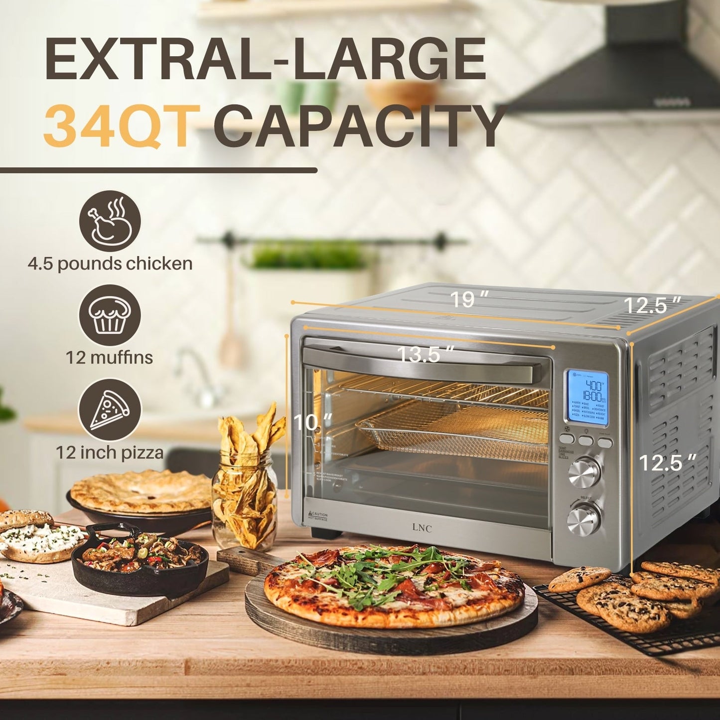 LNC 12-en-1 Grand four grille-pain de comptoir 34 pintes avec convection et friteuse à air - 19,5 L x 15 l x 12,5 H