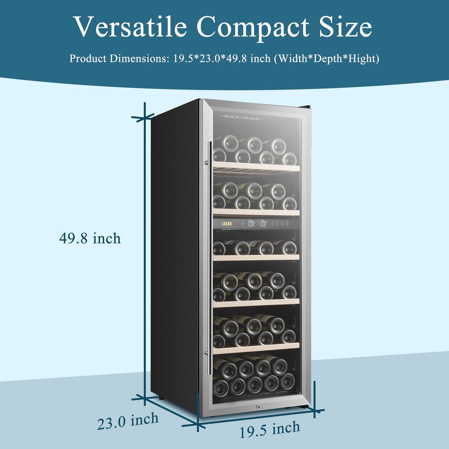 Cave à vin autonome Lanbo 20 pouces, 64 bouteilles, double zone, porte vitrée avec garniture en acier inoxydable et deux serrures de sécurité.