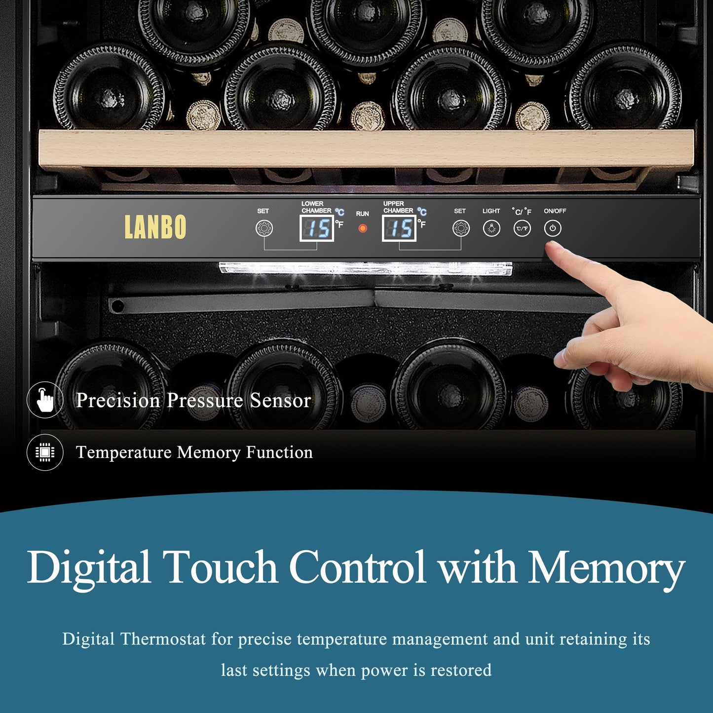 Cave à vin autonome Lanbo 20 pouces, 64 bouteilles, double zone, porte vitrée avec garniture en acier inoxydable et deux serrures de sécurité.