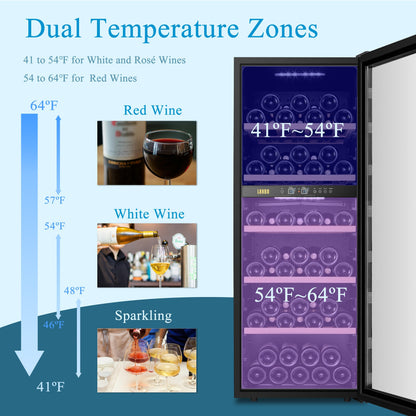 Cave à vin autonome Lanbo 20 pouces, 64 bouteilles, double zone, porte vitrée avec garniture en acier inoxydable et deux serrures de sécurité.
