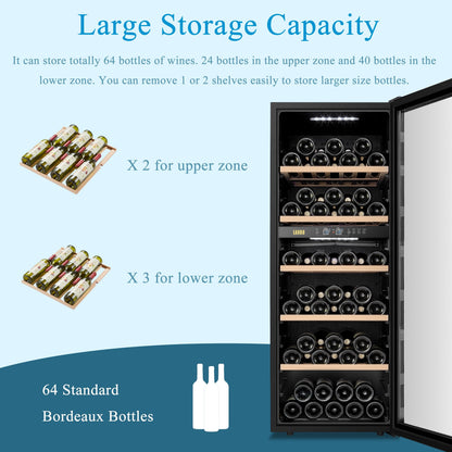Cave à vin autonome Lanbo 20 pouces, 64 bouteilles, double zone, porte vitrée avec garniture en acier inoxydable et deux serrures de sécurité.