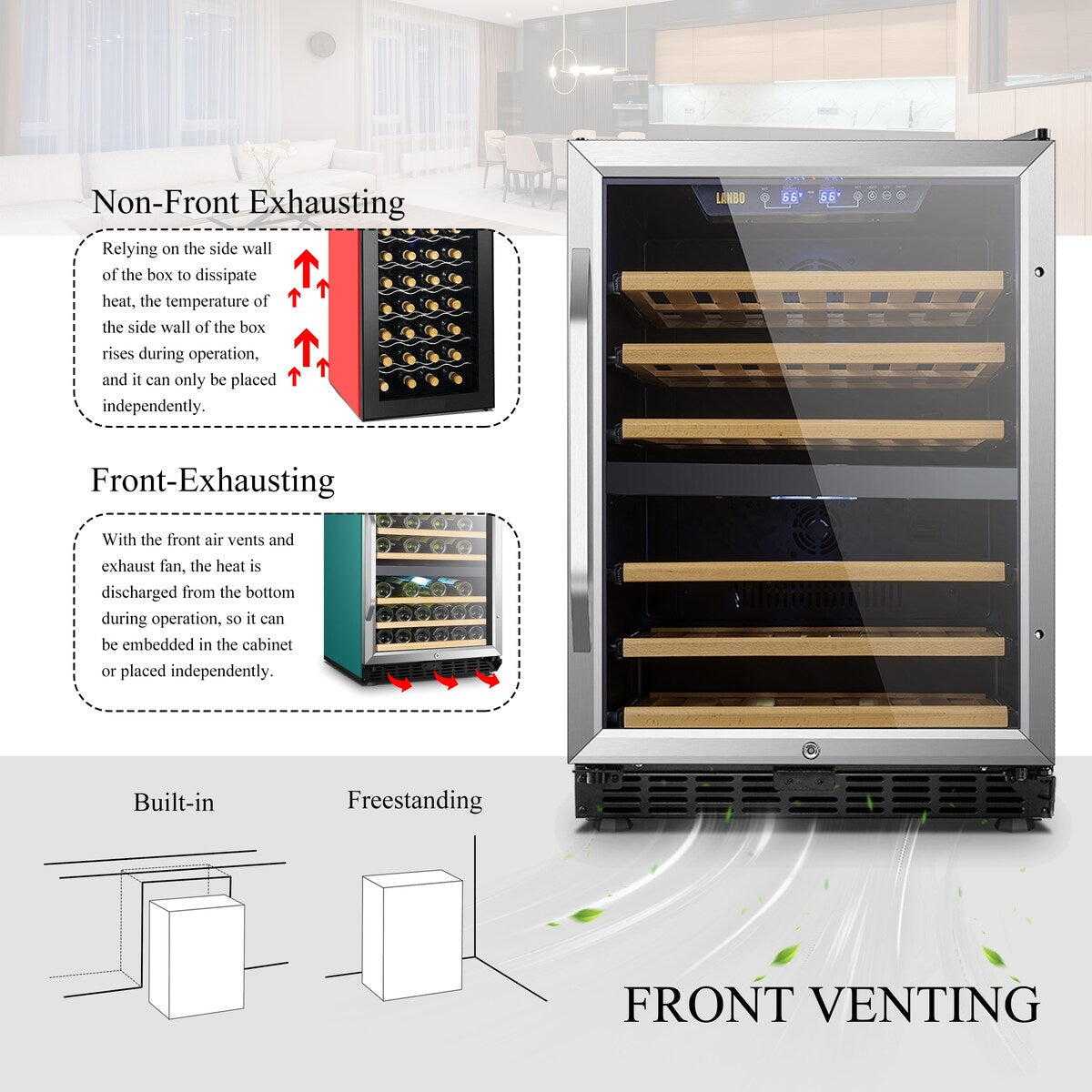 Refroidisseur à vin à compresseur double zone intégré Lanbo de 24 pouces, capacité de 44 bouteilles