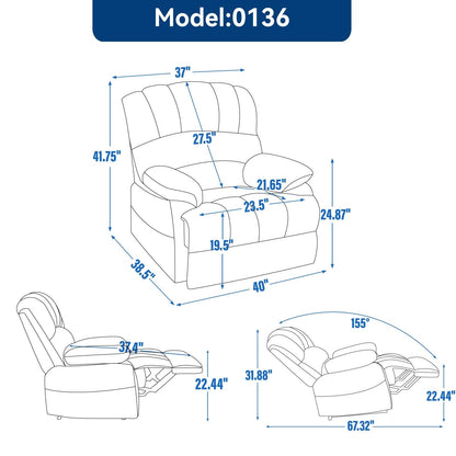 Grand fauteuil inclinable manuel pour adulte, canapé inclinable simple en tissu confortable, fauteuil inclinable rembourré pour salon
