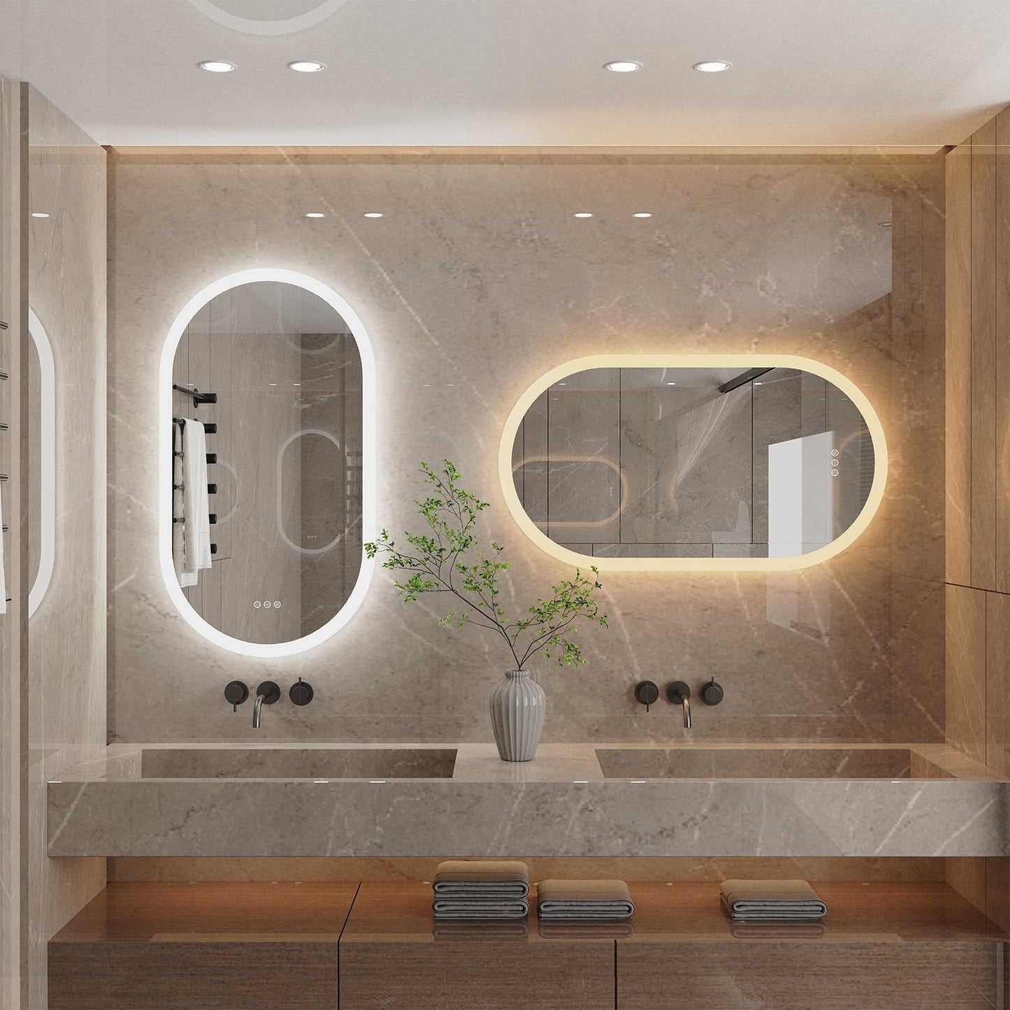 Grand miroir mural de salle de bain ovale sans cadre à LED, rétroéclairé à 3 niveaux, antibuée