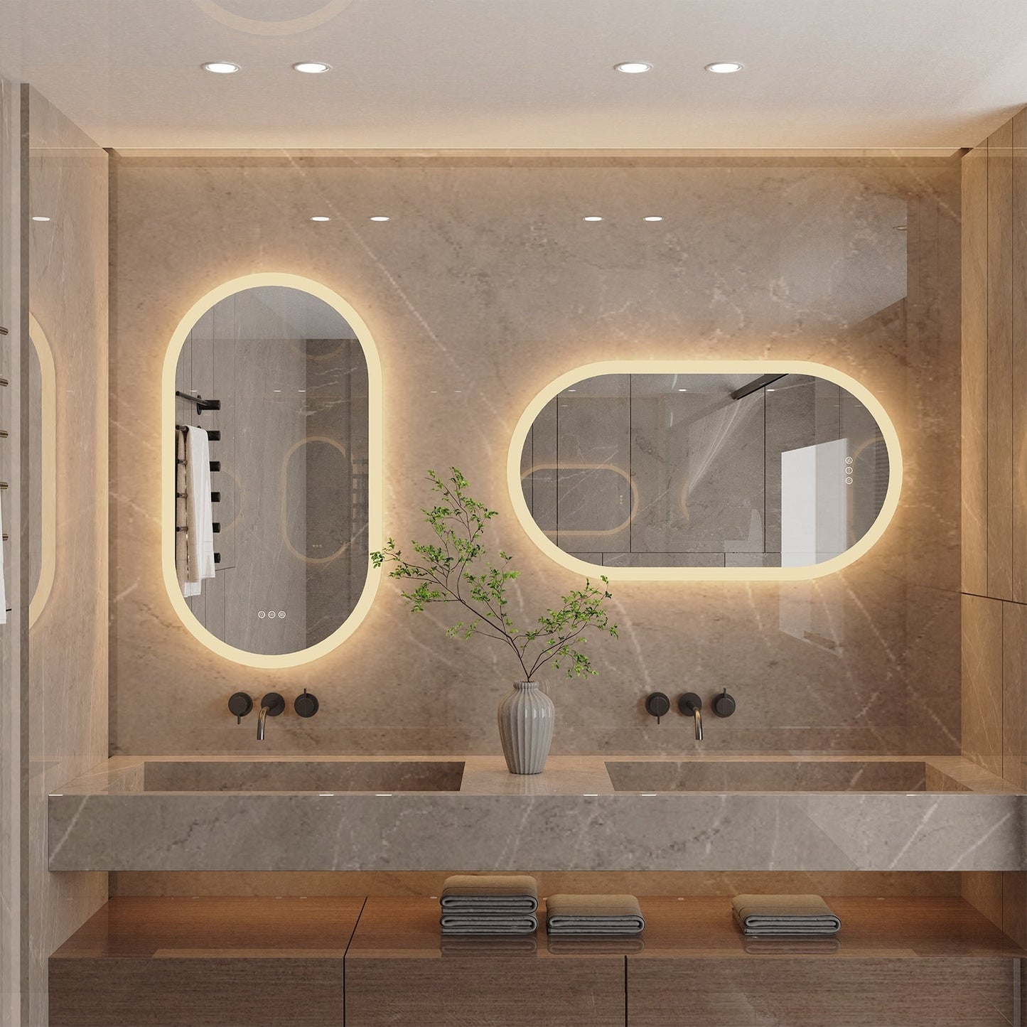 Grand miroir mural de salle de bain ovale sans cadre à LED, rétroéclairé à 3 niveaux, antibuée