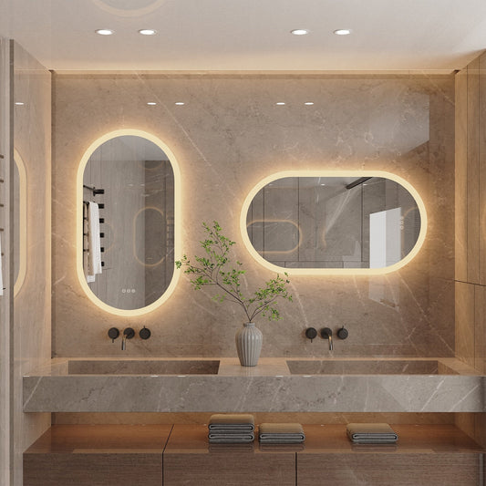 Grand miroir mural de salle de bain ovale sans cadre à LED, rétroéclairé à 3 niveaux, antibuée