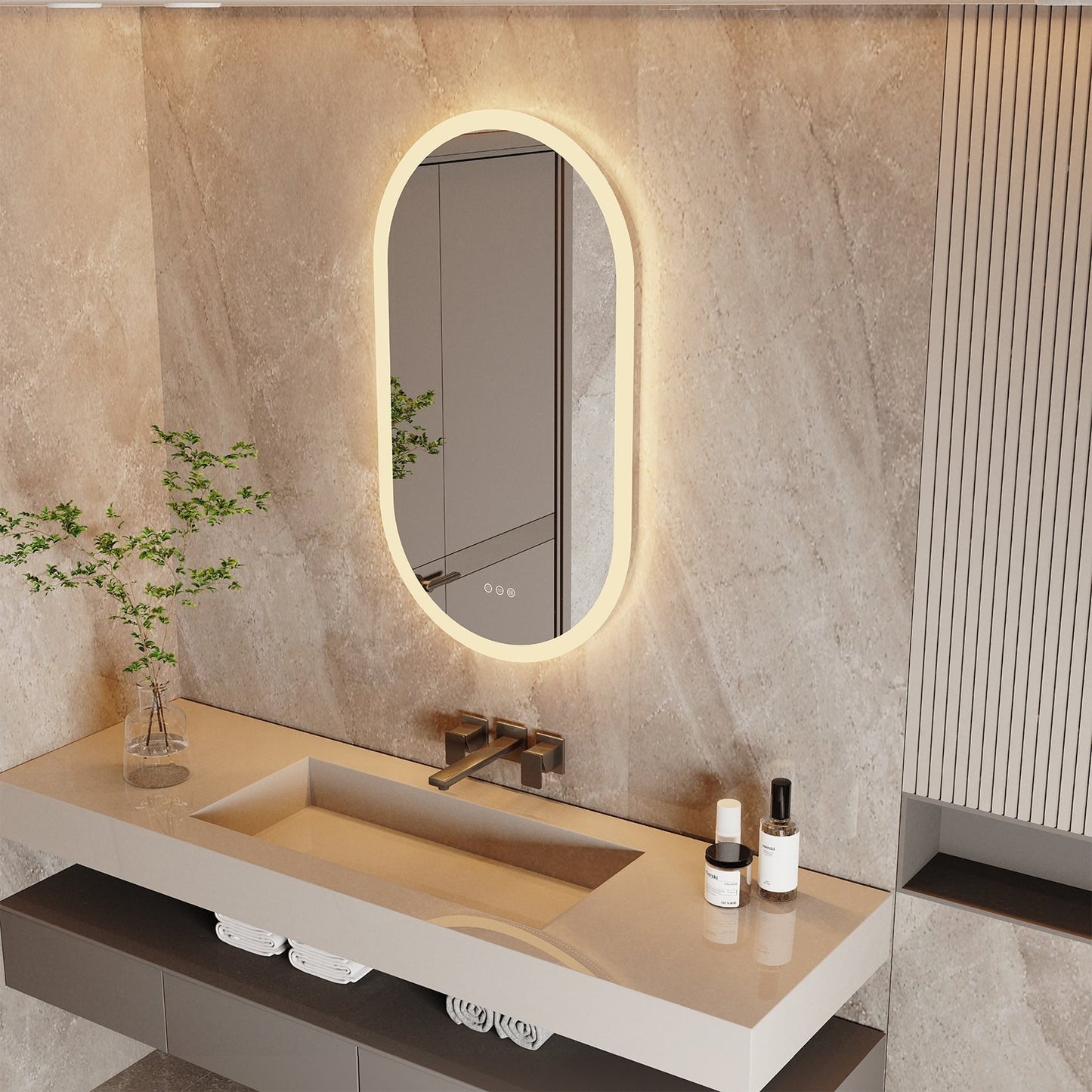 Grand miroir mural de salle de bain ovale sans cadre à LED, rétroéclairé à 3 niveaux, antibuée