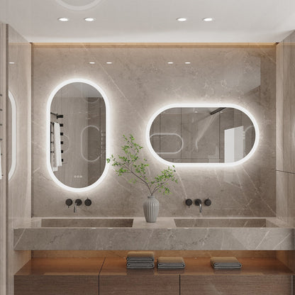 Grand miroir mural de salle de bain ovale sans cadre à LED, rétroéclairé à 3 niveaux, antibuée