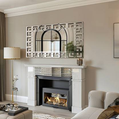 Grand miroir mural décoratif avec cadre géométrique argenté