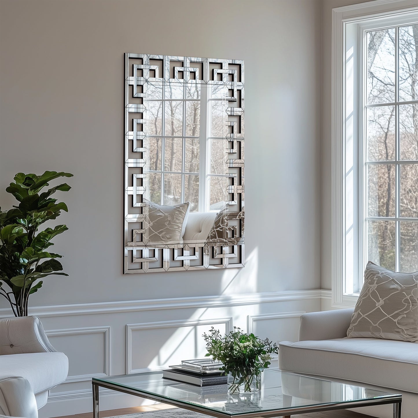 Grand miroir mural décoratif avec cadre géométrique argenté