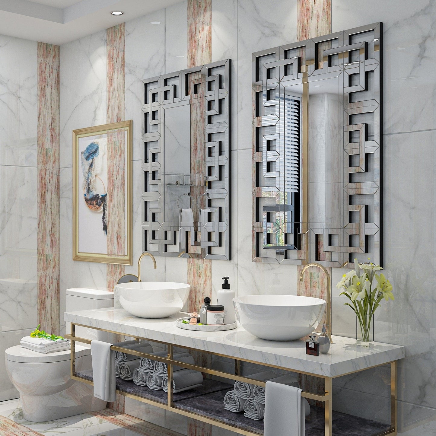 Grand miroir mural décoratif avec cadre géométrique argenté