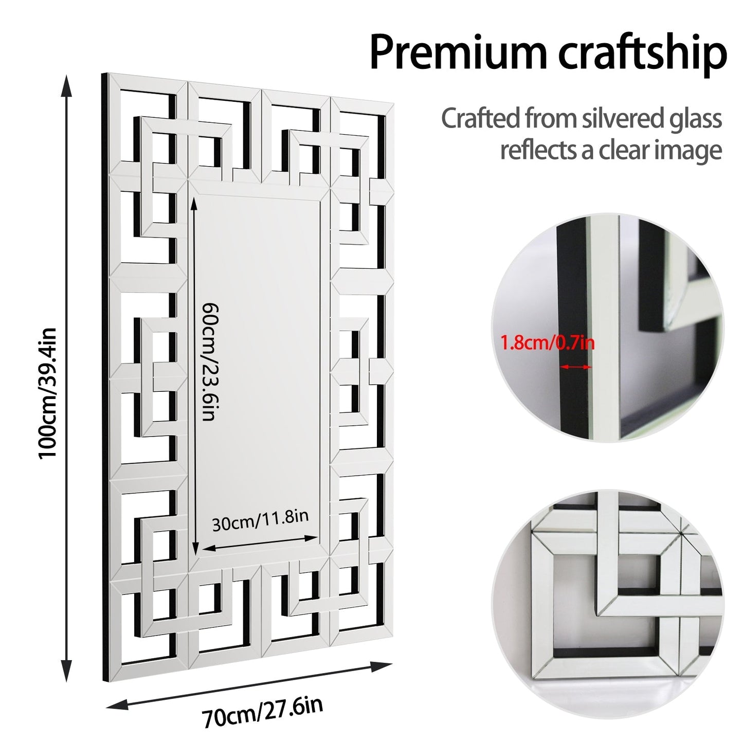 Grand miroir mural décoratif avec cadre géométrique argenté