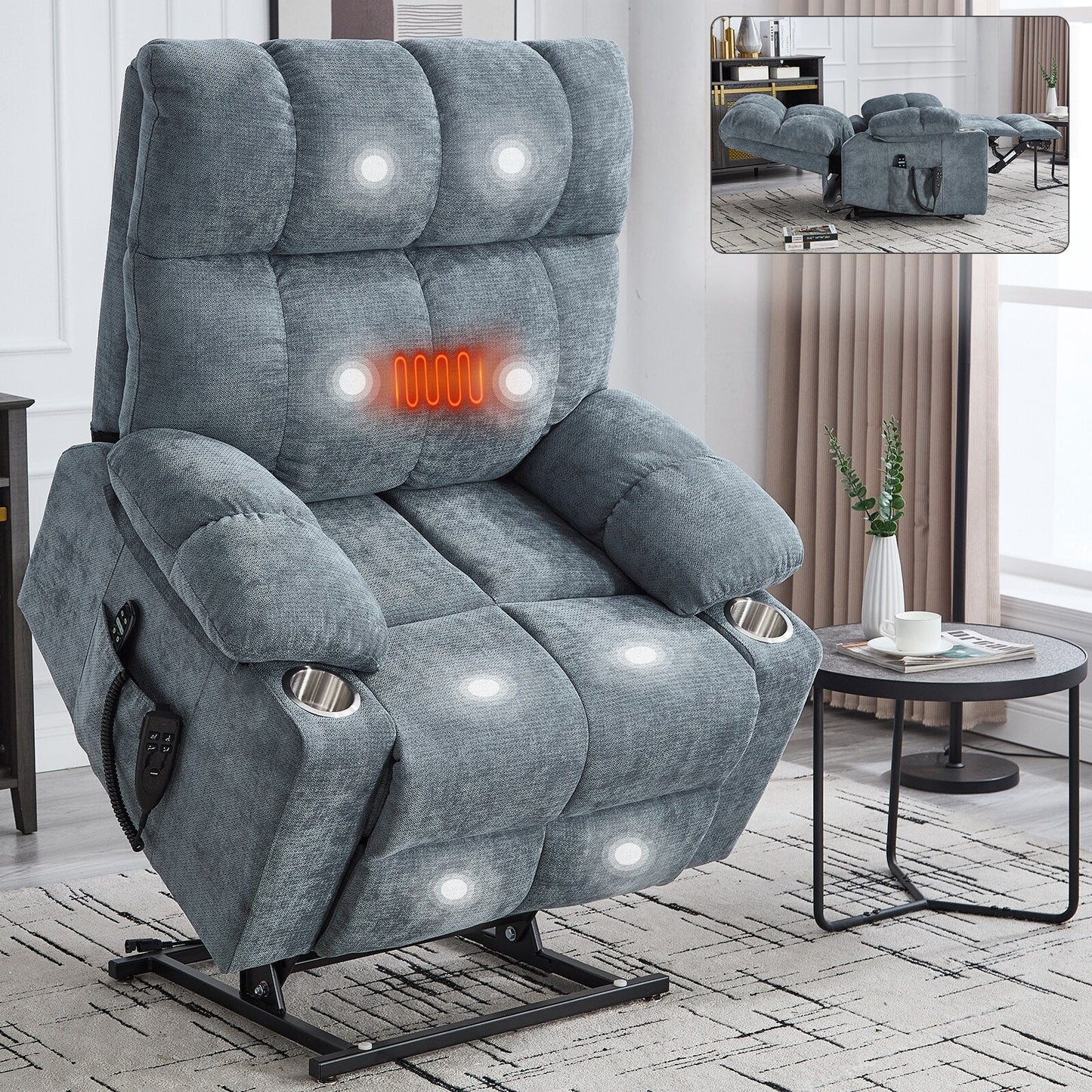 Fauteuil inclinable électrique Lazy Boy à double moteur en chenille avec massage et chauffage lombaire, deux porte-gobelets, gris-bleu