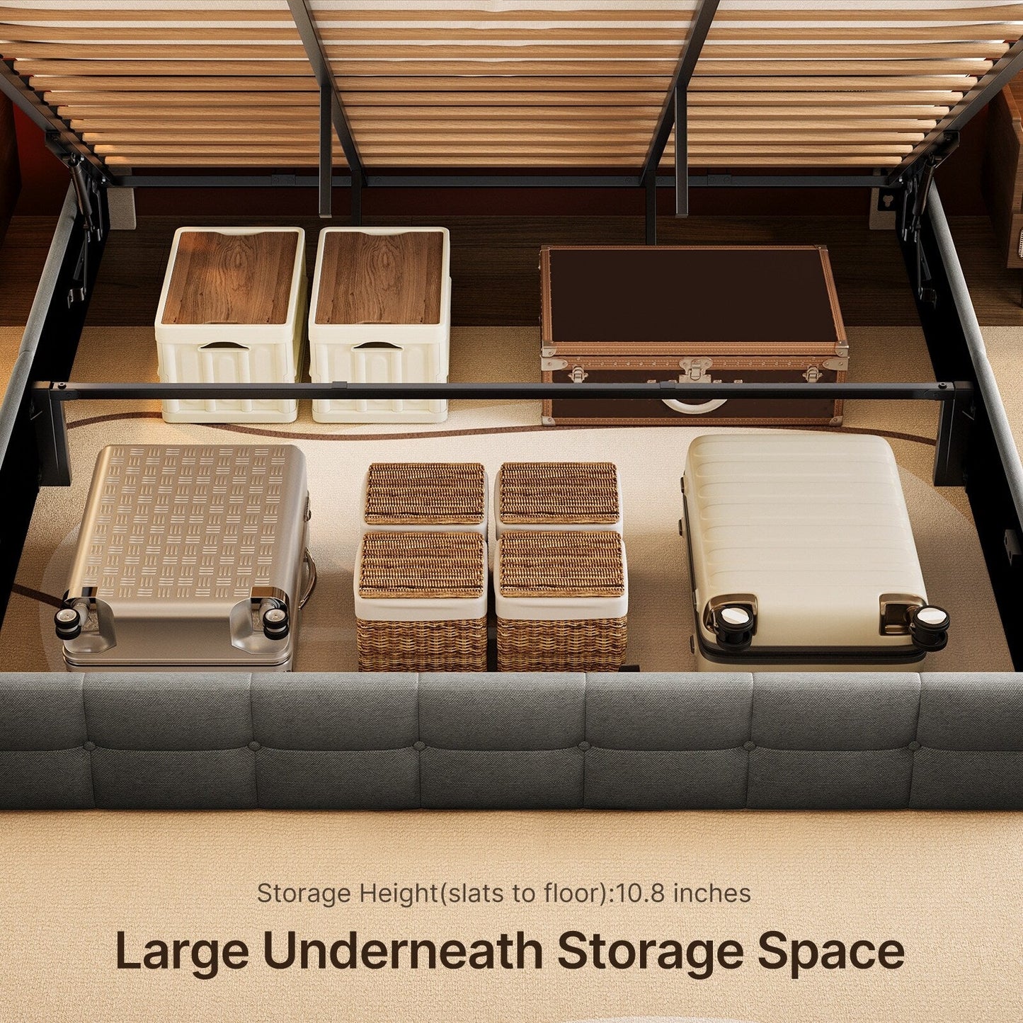 Cadre de lit relevable avec rangement, cadre de lit plateforme rembourré avec système de rangement hydraulique et tête de lit