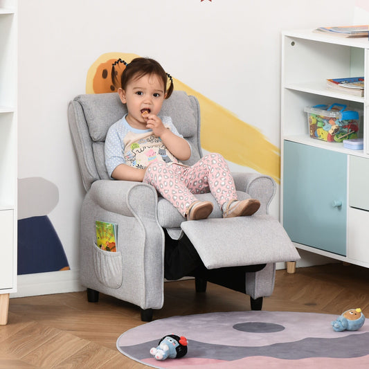 Fauteuil inclinable manuel rembourré gris clair pour enfants de 3 à 5 ans avec repose-pieds et 2 poches latérales