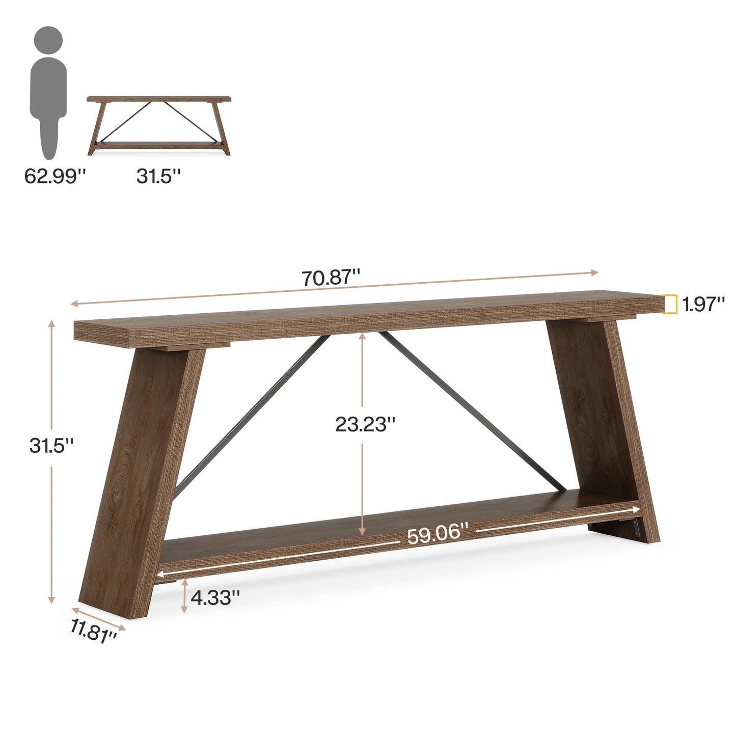 Table console en bois rustique de 70,9 pouces de long avec étagère de rangement