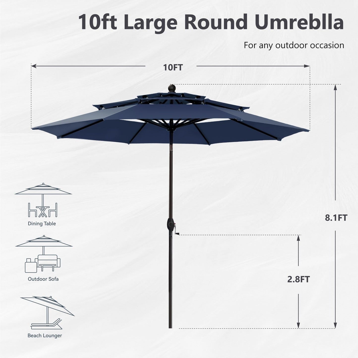 Parasol d'extérieur MAISON ARTS de 3 m (10 pi) à 3 niveaux, compatible avec la plupart des tables de patio, avec ventilation, inclinaison automatique et manivelle.