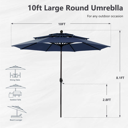 Parasol d'extérieur MAISON ARTS de 3 m (10 pi) à 3 niveaux, compatible avec la plupart des tables de patio, avec ventilation, inclinaison automatique et manivelle.