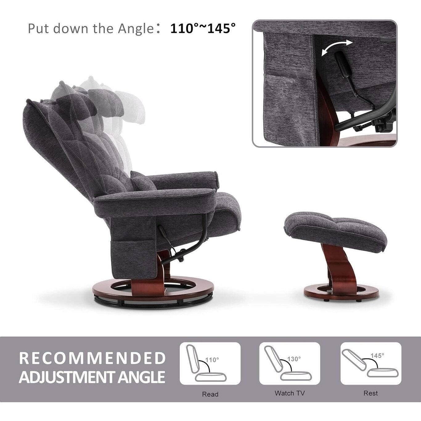 Ensemble de 2 fauteuils inclinables pivotants avec pouf et coussin de nuque, tissu chenille