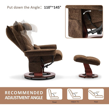 Ensemble de 2 fauteuils inclinables pivotants avec pouf et coussin de nuque, tissu chenille