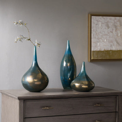 Ensemble de 3 vases décoratifs en verre bleu Aurora et bronze Signature de Madison Park