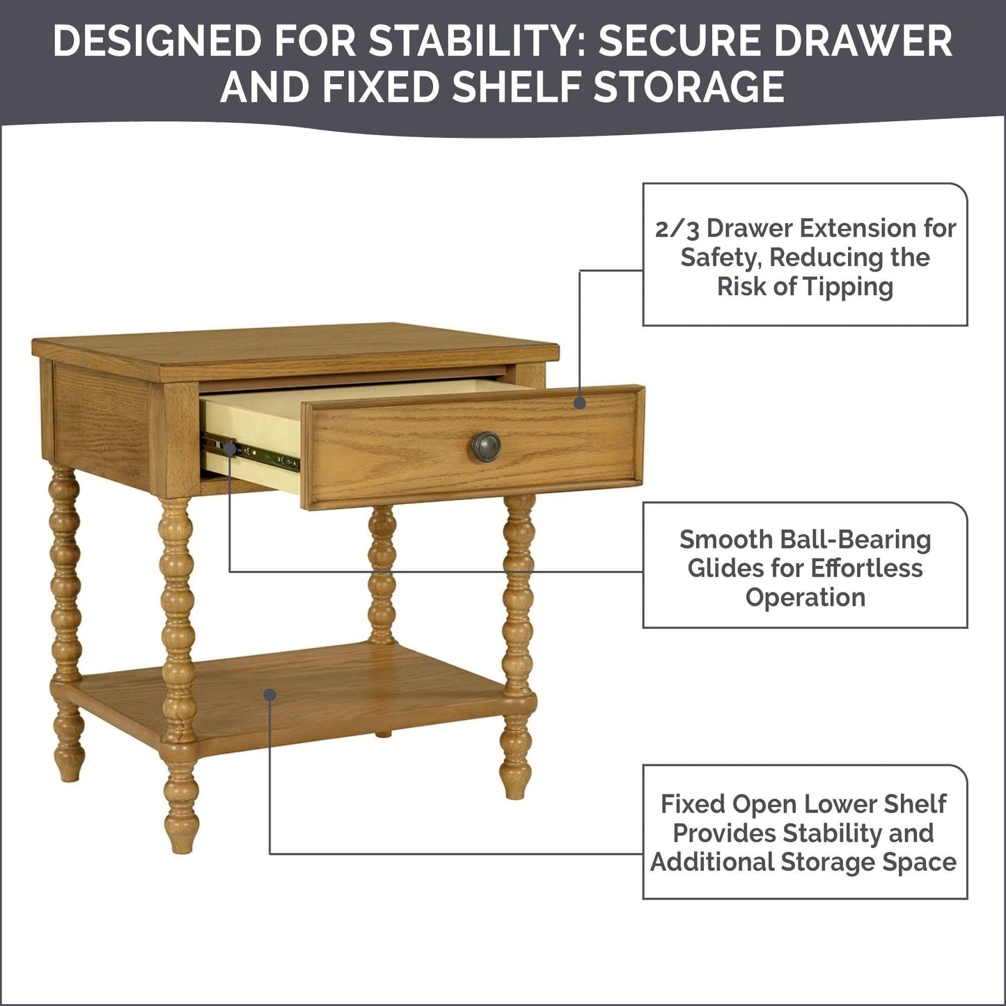 Table de chevet Madison Park Signature Beckett en bois tourné avec tiroir et étagère