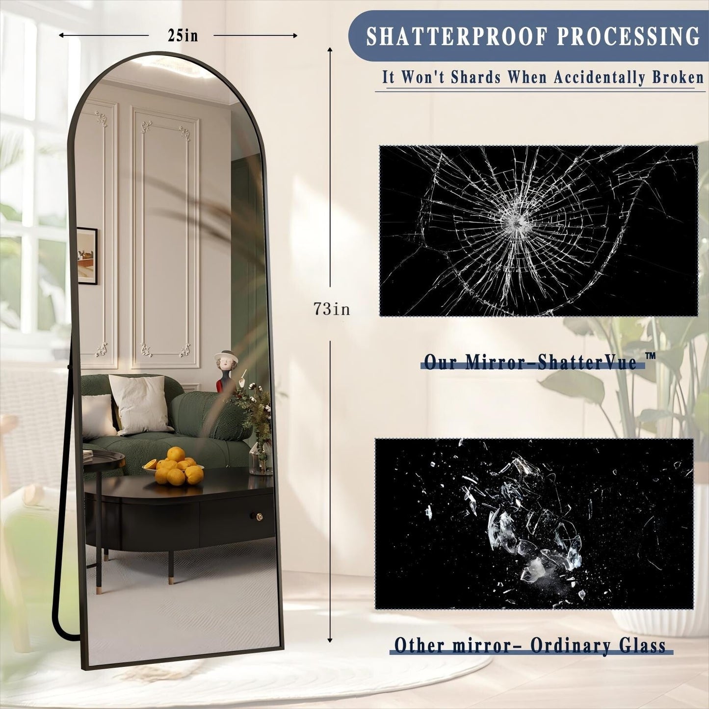 Miroir mural en forme d'arche en métal sur toute la longueur