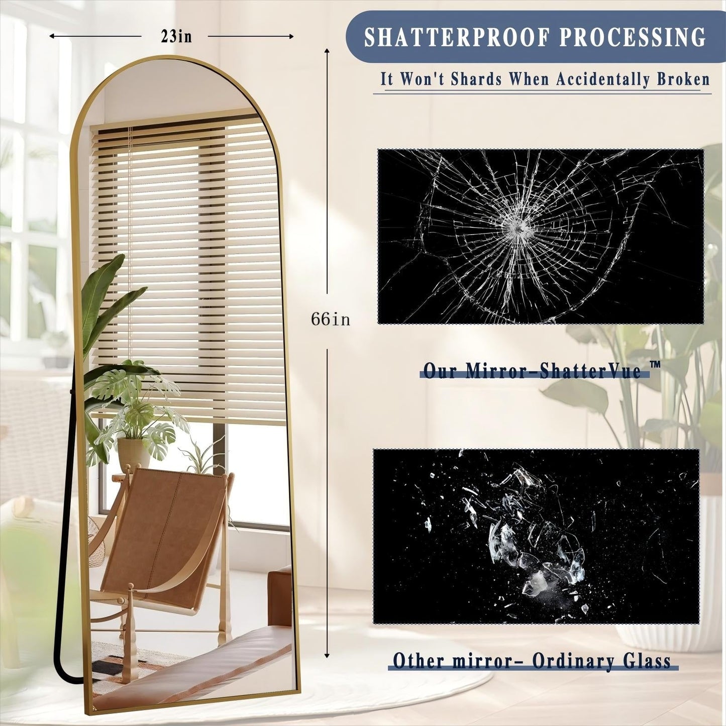 Miroir mural en forme d'arche en métal sur toute la longueur