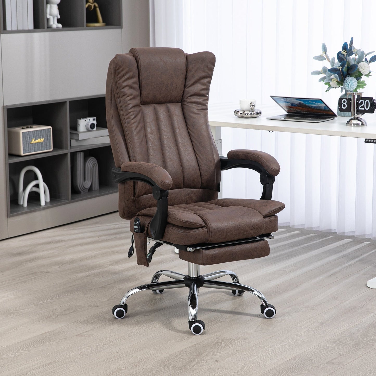 Fauteuil de bureau ergonomique inclinable à dossier haut, en microfibre, avec chauffage, repose-pieds et télécommande
