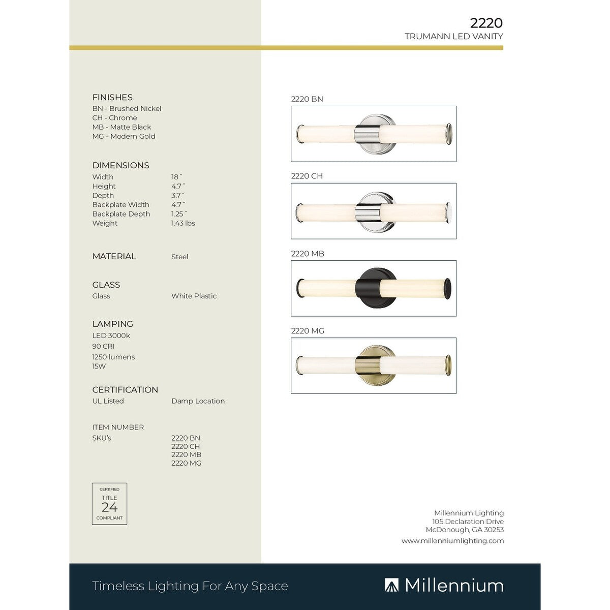 Luminaire de salle de bain à LED Truman de Millennium Lighting, disponible en plusieurs finitions