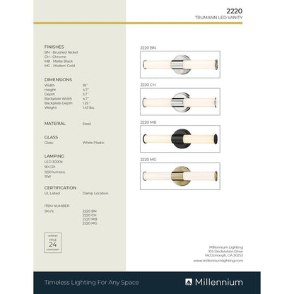 Luminaire de salle de bain à LED Truman de Millennium Lighting, disponible en plusieurs finitions