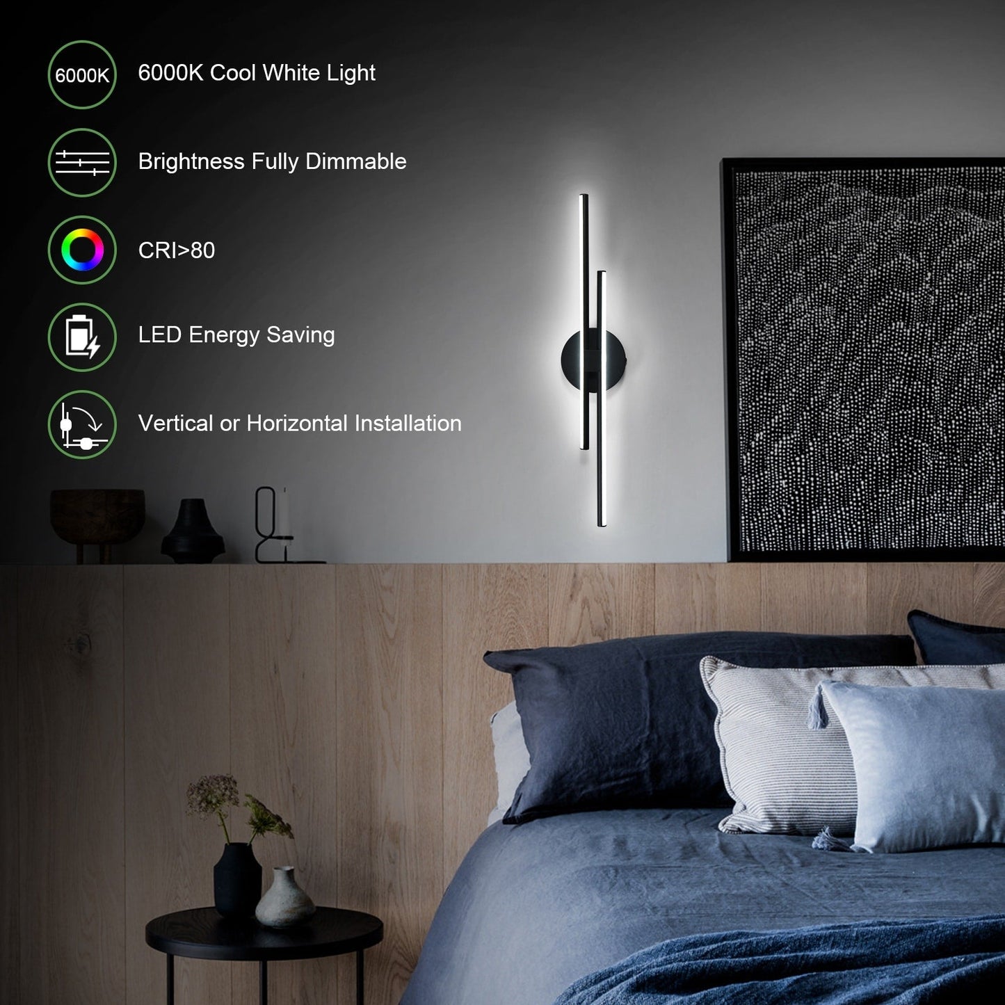 Applique murale linéaire minimaliste en métal à 2 ampoules à LED et intensité variable