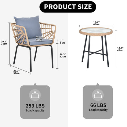 Ensemble de bistrot d'extérieur en osier Moasis 3 pièces avec 2 chaises et une table basse