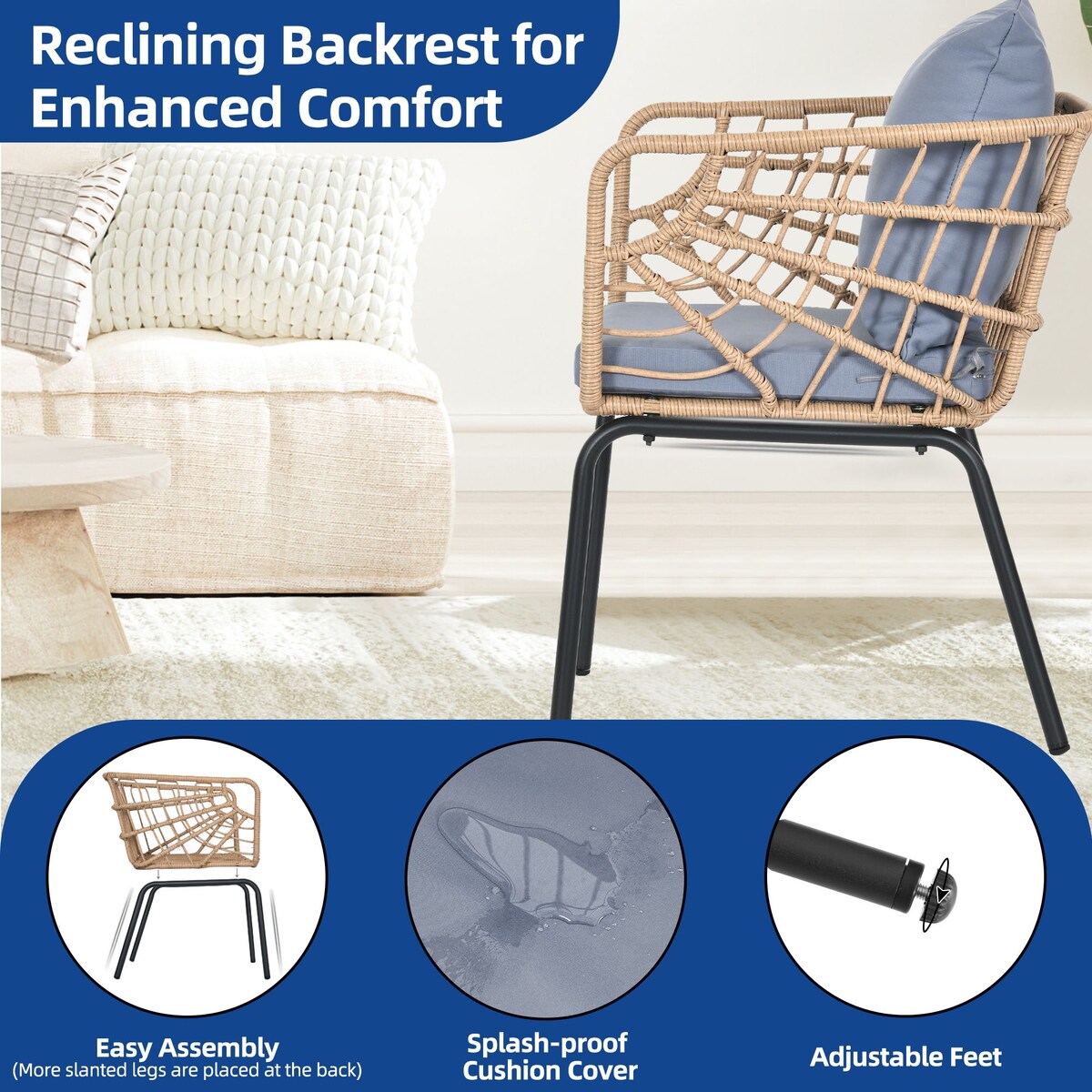 Ensemble de bistrot d'extérieur en osier Moasis 3 pièces avec 2 chaises et une table basse